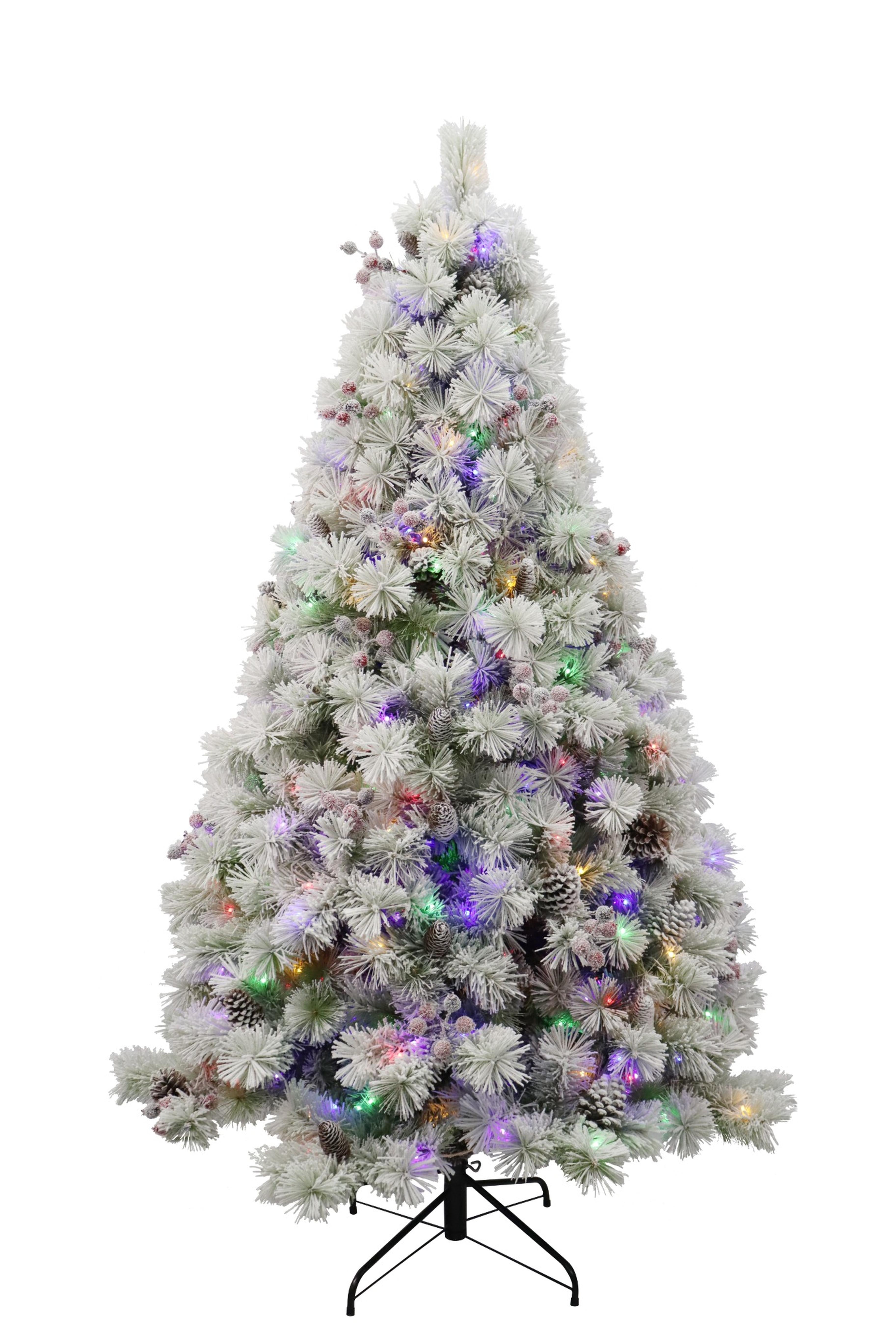 Puleo International 6.5ft Pre-lit Connecticut Tree with Red Berries, Pinecones, Dual Color LED Lights with Functions, Foot Pedal, Remote Control, and Quick Pole